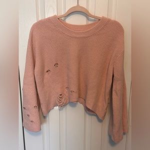 O&O Distressed Crop Bell Sleeve Sweater